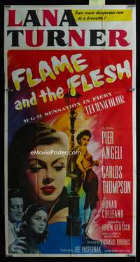 c140 FLAME & THE FLESH three-sheet movie poster '54 brunette Lana Turner!