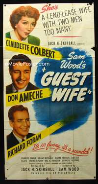 c170 GUEST WIFE three-sheet movie poster '45 Claudette Colbert, Don Ameche