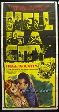 c186 HELL IS A CITY three-sheet movie poster '60 Stanley Baker, Hammer!