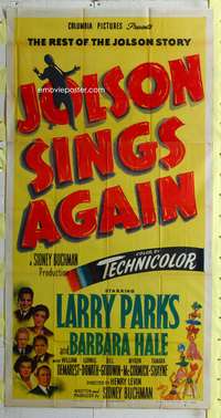 c228 JOLSON SINGS AGAIN three-sheet movie poster '49 Larry Parks, biography!