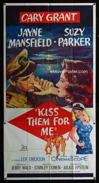 c248 KISS THEM FOR ME three-sheet movie poster '57 Cary Grant, Jayne Mansfield