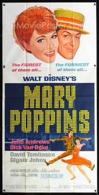 c286 MARY POPPINS three-sheet movie poster '64 Julie Andrews, Walt Disney