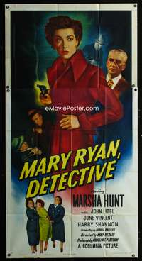 c287 MARY RYAN, DETECTIVE three-sheet movie poster '50 Marsha Hunt with gun!