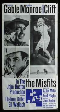 c295 MISFITS three-sheet movie poster '61 Clark Gable, Marilyn Monroe, Clift