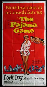 c322 PAJAMA GAME three-sheet movie poster '57 sexy Doris Day chases boys!
