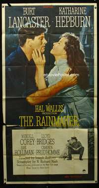 c347 RAINMAKER three-sheet movie poster '56 Burt Lancaster, Kate Hepburn