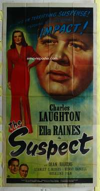 c415 SUSPECT three-sheet movie poster '44 Charles Laughton, Ella Raines