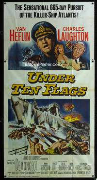 c453 UNDER TEN FLAGS three-sheet movie poster '60 Heflin, Charles Laughton
