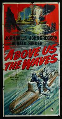 c008 ABOVE US THE WAVES English three-sheet movie poster '56 Mills, cool art!