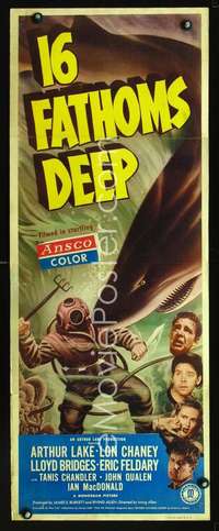 f153 16 FATHOMS DEEP insert movie poster '48 Lon Chaney vs shark!