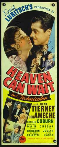 f366 HEAVEN CAN WAIT insert movie poster '43 Gene Tierney, Lubitsch