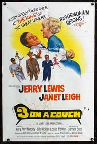 h018 3 ON A COUCH one-sheet movie poster '66 Jerry Lewis, Janet Leigh