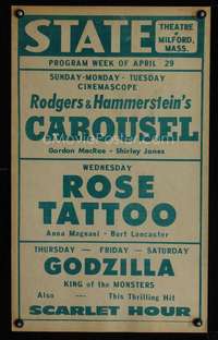 k129 CAROUSEL/ROSE TATTOO/GODZILLA/SCARLET HOUR jumbo window card movie poster '56