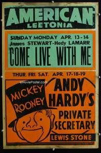 k146 COME LIVE WITH ME/ANDY HARDY'S PRIVATE SECRETARY local theater window card movie poster '41