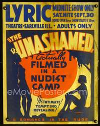 k140 UNASHAMED jumbo window card movie poster '38 sexy Romance in the Nude!