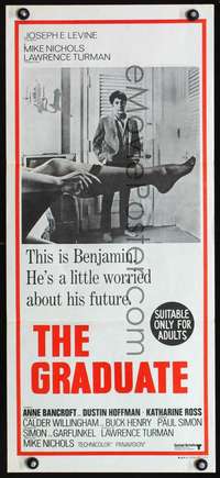 s345 GRADUATE Australian daybill '68 classic image of Dustin Hoffman & Anne Bancroft's sexy leg!