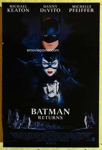 v055 BATMAN RETURNS DS advance one-sheet movie poster '92 bat, cat & penguin!