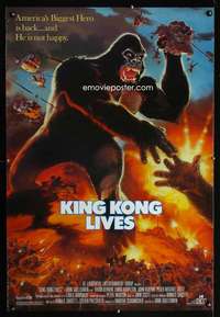 y326 KING KONG LIVES one-sheet movie poster '86 huge unhappy ape and army!