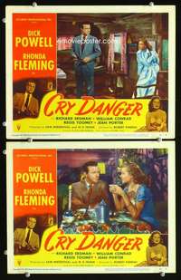 z214 CRY DANGER 2 movie lobby cards '51 Dick Powell, Rhonda Fleming