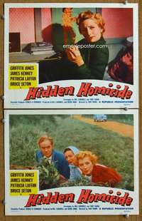 z390 HIDDEN HOMICIDE 2 movie lobby cards '58 Patricia Laffan in trouble!