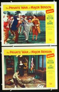 z681 PRIVATE WAR OF MAJOR BENSON 2 movie lobby cards '55 Heston, Adams