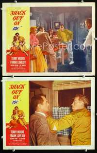 z764 SHACK OUT ON 101 2 movie lobby cards '56 Terry Moore, Lee Marvin
