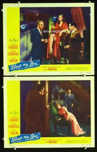 z802 SLEEP MY LOVE 2 movie lobby cards '47 Claudette Colbert, Cummings