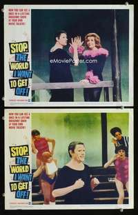 z830 STOP THE WORLD I WANT TO GET OFF 2 movie lobby cards '66 mimes!