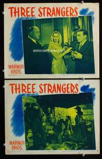 z884 THREE STRANGERS 2 movie lobby cards '46 Sydney Greenstreet, Lorre