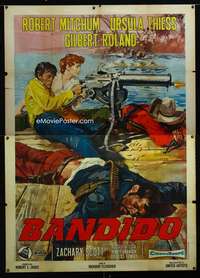 b007 BANDIDO Italian 2p R1960s Ciriello art of Robert Mitchum & Thiess with huge maghine gun!
