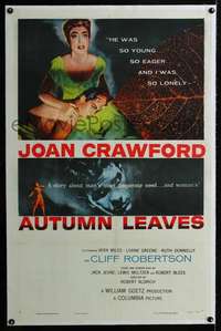 d342 AUTUMN LEAVES linen one-sheet movie poster '56 Joan Crawford, Robertson