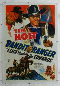 d346 BANDIT RANGER linen one-sheet movie poster '42 Tim Holt w/smoking guns!