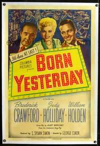 d369 BORN YESTERDAY linen one-sheet movie poster '51 Judy Holliday, Holden