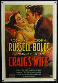d396 CRAIG'S WIFE linen one-sheet movie poster '36 Rosalind Russell, Boles
