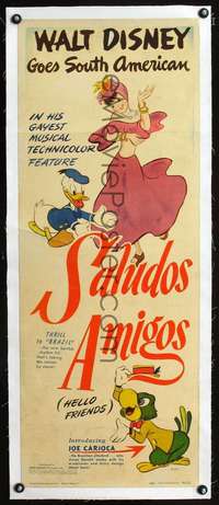 d039 SALUDOS AMIGOS linen insert movie poster '43 Donald Duck, Carioca