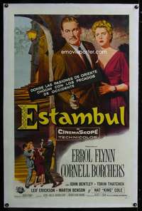 d482 ISTANBUL linen Spanish/U.S. one-sheet movie poster '57 Errol Flynn in Turkey!