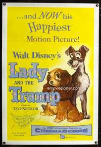 d497 LADY & THE TRAMP linen one-sheet movie poster '55 Disney dog classic!