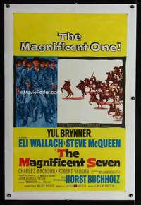 d509 MAGNIFICENT SEVEN linen one-sheet movie poster '60 Yul Brynner, McQueen