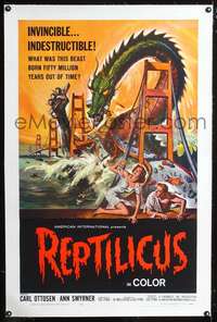 d563 REPTILICUS linen one-sheet movie poster '62 giant lizard, AIP sci-fi!