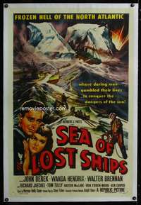 d590 SEA OF LOST SHIPS linen one-sheet movie poster '53 sailor John Derek!