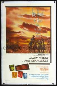 d592 SEARCHERS linen one-sheet movie poster '56 John Wayne, Ford classic!