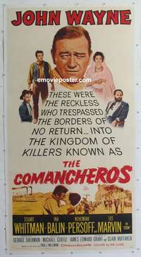 f098 COMANCHEROS linen three-sheet movie poster '61 John Wayne, Michael Curtiz