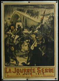 f084 LA JOURNEE SERBE linen French war poster 1916 Dominique Charles Fouqueray art of Great Retreat!