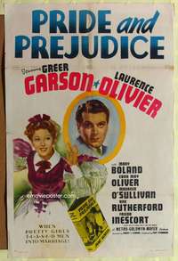 h574 PRIDE & PREJUDICE style D one-sheet poster '40 Laurence Olivier, Greer Garson, Jane Austen