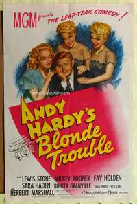 m028 ANDY HARDY'S BLONDE TROUBLE one-sheet movie poster '44 Mickey Rooney and three sexy babes!