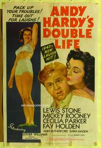 p030 ANDY HARDY'S DOUBLE LIFE style C one-sheet '42 Mickey Rooney, sexiest art of Esther Williams!