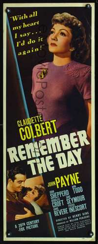 s304 REMEMBER THE DAY insert movie poster '41 Claudette Colbert