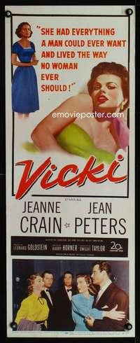 s433 VICKI insert movie poster '53 really BAD Jeanne Crain, Peters