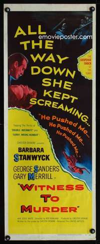 s475 WITNESS TO MURDER insert movie poster '54 Barbara Stanwyck, noir!