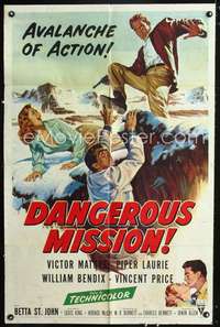 t162 DANGEROUS MISSION one-sheet movie poster '54 Victor Mature, Piper Laurie, avalanche of action!